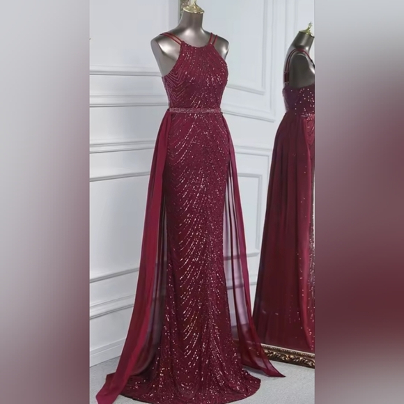 Burgundy,  O Neck, Sleeveless,  Detachable Skirt,  Sequined Mermaid Gown - Picture 16 of 16